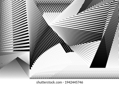 Abstract halftone lines black and white background, geometric dynamic pattern, vector modern design texture for card, cover, poster, banner, flyer.