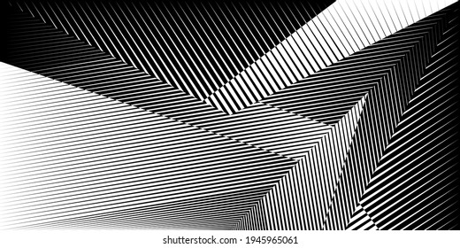Abstrakte Halbtonlinien schwarz-weißer Hintergrund, geometrisches dynamisches Muster, Vektordesign-Struktur für Karte, Banner, Poster.