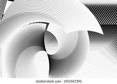 Abstrakte Halbtonlinien schwarz-weißer Hintergrund, geometrisches dynamisches Muster, moderne Vektordesign-Struktur für Karte, Plakat, Banner, Abdeckung, Flyer.