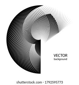 Abstract halftone lines circle background, creative symbol, sign, emblem, black and white geometric dynamic pattern, vector modern design texture.