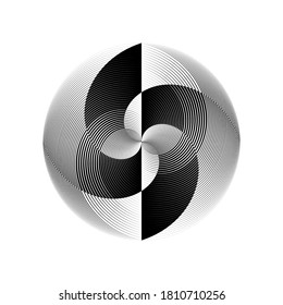 Abstract halftone lines circle background, geometric dynamic pattern, dual sign, symbol, emblem, vector modern design texture.
