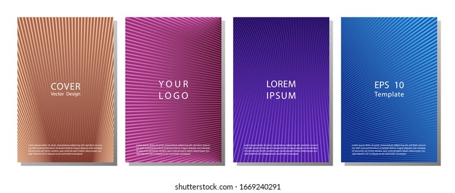 Abstract halftone lines cover page templates vector set. Flat graphic design. Placard halftone lines backgrounds set. Catalog minimal geometric cover layouts. Gradient elements.