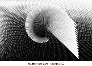 Abstract halftone lines metallic effect background with circle symbol, sign, black and white geometric dynamic pattern, vector modern design texture for card, cover, poster, decoration.