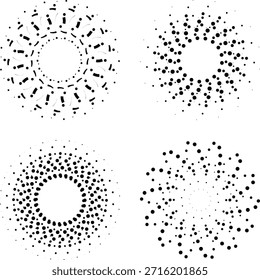 Metade do tom Mandala Vetor Mega-Set - Espiral Pontilhada Minimalista, Radial Geometric Sunbursts, e ornamentos de arte óptica hipnótica para design gráfico moderno