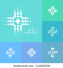 Abstract halftone medical cross icon, modern design, new medical technology, pharmacy logo, science laboratory eqipment, pharmaceutical research and development vector icons set, logotype concept set.