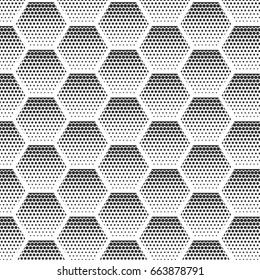 Abstract halftone, minimalist seamless pattern on white background from hexagon. Gradient halftone pop-art retro style from dots. Template for ad, covers, posters, advertising actions.