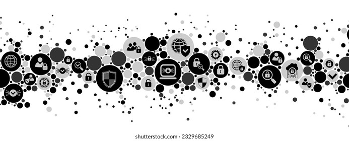 Abstract halftone mosaic background frame technology. Texture of plexus dots, circles with symbols, icons of information security . Chaotic hypnosis pattern. Poster for presentations, business. Vector