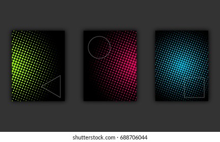 Abstract halftone neon templates set isolated on gray, vector illustration. Colorful disco dots pattern on black background, circle shapes cover design.