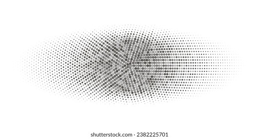 Abstract halftone oval with blur along the outer edge in shades of gray. Vector illustration with a radial mosaic pattern.