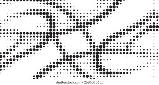 Abstract halftone pattern with bold curved lines and circular dots. Modern black and white texture perfect for graphic design, digital art, and creative backgrounds.