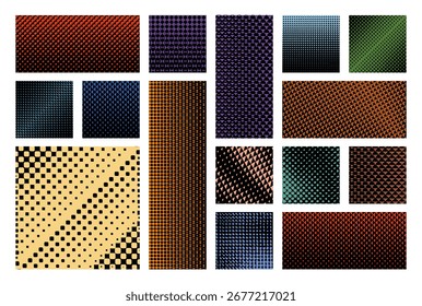 Abstractas colección de patrón de semitono: texturas coloridas de estilo cómico, Formas de degradado retro y diseños digitales geométricos vibrantes.