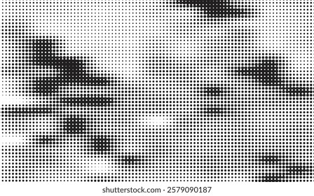 Abstract Halftone Pattern Displaying Dynamic Black Shapes on a White Background, creating a textured optical illusion with varying dot density