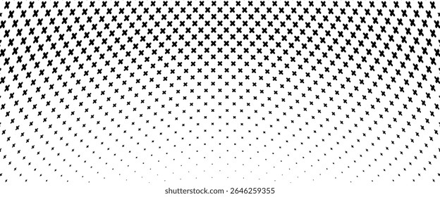 Padrão de meio-tom abstrato com sombreamento de cruzes pretas no fundo branco. Design mínimo moderno, perfeito para fundos, texturas ou sobreposições gráficas