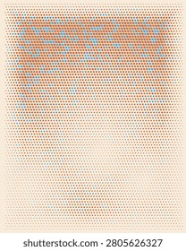 An abstract halftone pattern features a gradient of brown and blue rounded squares and dots against a light beige background, denser at the top.