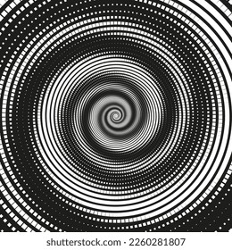 Abstract halftone pattern in the form of spiral. Vector halftone background for design banners, posters, business projects, pop art texture, covers. Geometric black and white texture.