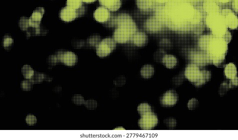 Abstract halftone pattern with scattered green dots on a black background, creating an organic and textural digital effect.
