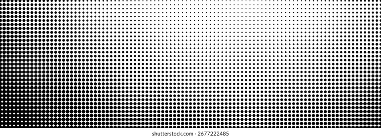 Abstract halftone pattern transitioning from dense dots to sparse. Ideal for backgrounds, textures, modern designs, and digital art projects. Black and white vector illustration.