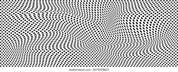 Padrão de Meio-Tom Abstrato com Degradação de Ponto Polka Ondulado e Efeito de Ilusão Óptica em Estilo Preto e Branco. Plano de fundo do vetor