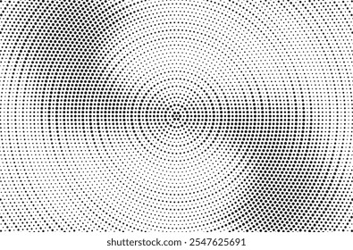 Abstract Halftone Radial Spin Effect Background. Grunge halftone gradient background. Retro pixelated backdrop. Anime or manga style comic overlay. Vector graphic design textured template