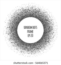 Abstract, halftone, randomly scattered dots round frame with gray, black and transparent ink spots isolated on white background. 