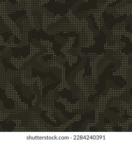 Abstract halftone seamless camouflage, led style texture. Dot pattern in dark khaki green colors, camo digital  background. Vector pixel art wallpaper