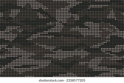 Abstract halftone seamless camouflage, led style texture. Dot pattern in dark khaki green colors, camo digital  background. Vector pixel art wallpaper