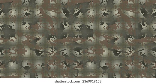 Abstract halftone seamless camouflage, led style texture. Dot pattern in dark khaki green colors, camo digital background. Vector pixel art wallpaper