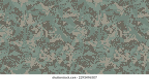 Abstract halftone seamless camouflage texture. Dot pattern in khaki green colors, camo digital two color background. Vector wallpaper