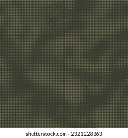 Abstract halftone seamless camouflage texture. Dot pattern in dark khaki green colors, camo digital two color background. Vector wallpaper