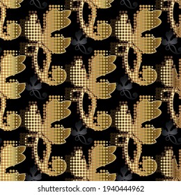 Resumen de un patrón sin fisuras. Fondo vectorial floral. Flores doradas de medio tono, hojas con círculos, puntos. Fondo de repetición de Polkadot. Diseño decorativo de lujo ordenado. Para papeles pintados, tela.