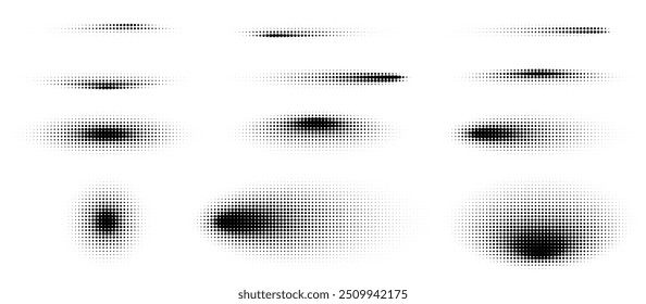 Abstract halftone shadows, round shaped graphic elements, fading circular graphic textures. Vector illustration.