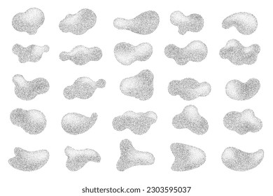 Abstract halftone shapes with fluid gradient dots. Liquid stipple grunge stains with gradation. Grainy random shading elements. Vector set.