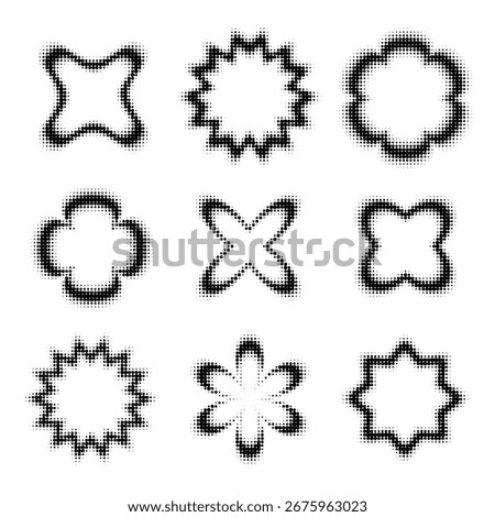 Abstract halftone shapes set. Black gradient vector elements for modern design, background, decoration, retro poster and digital graphic.