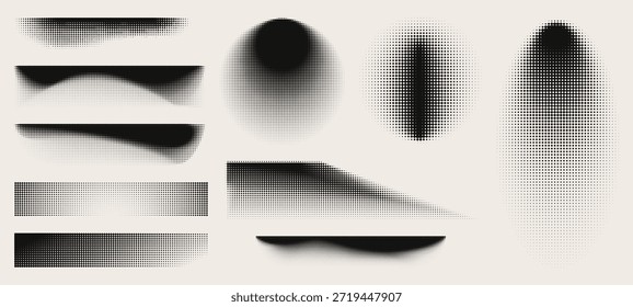 Abstract halftone shapes set isolated on background. Vector illustration of gradient dot frames with shadow effect, grainy noise texture, faded black stipple pattern, geometric dotwork elements