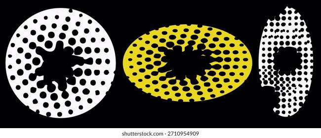 Formas de meio-tom abstratas em branco e amarelo na ilustração de fundo preto