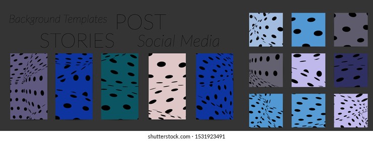 Abstract halftone social media template with visual distortion effect. Optical art background. Warped 3D space. Futuristic vector illustration with circles on flat colored background