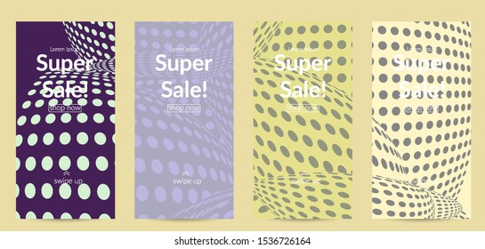 Abstract halftone social media template with visual distortion effect. Optical art background. Warped 3D space. Futuristic vector illustration with circles on flat colored background