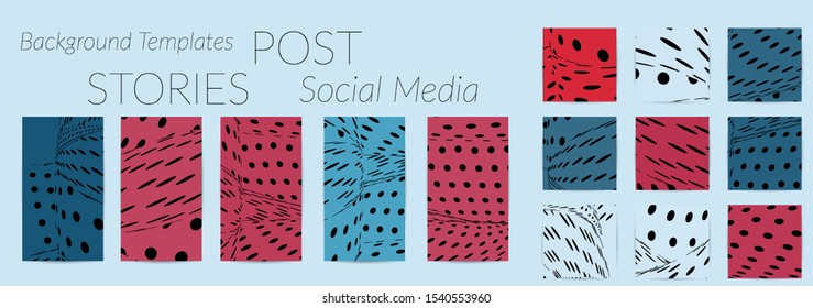 Abstract halftone social media template with visual distortion effect. Optical art background. Warped 3D space. Futuristic vector illustration with circles on flat colored background