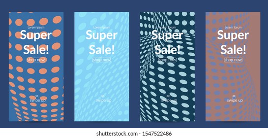 Abstract halftone social media template with visual distortion effect. Optical art background. Warped 3D space. Futuristic vector illustration with circles on flat colored background