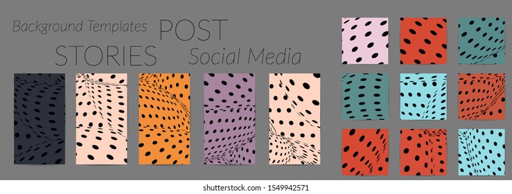 Abstract halftone social media template with visual distortion effect. Optical art background. Warped 3D space. Futuristic vector illustration with circles on flat colored background