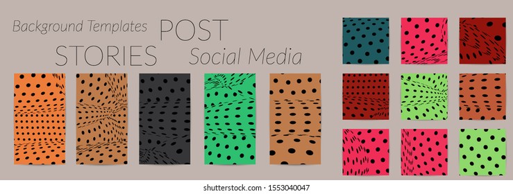 Abstract halftone social media template with visual distortion effect. Optical art background. Warped 3D space. Futuristic vector illustration with circles on flat colored background