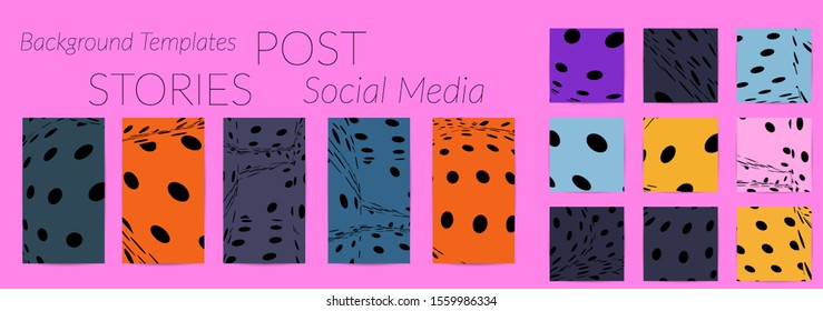 Abstract halftone social media template with visual distortion effect. Optical art background. Warped 3D space. Futuristic vector illustration with circles on flat colored background