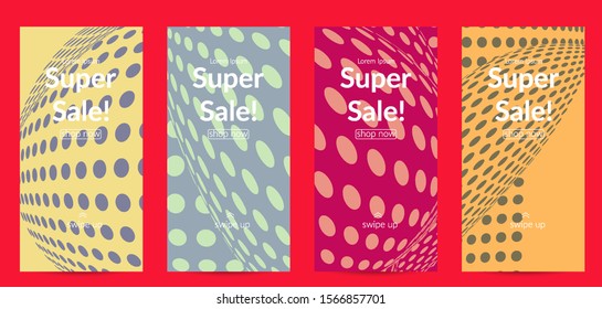 Abstract halftone social media template with visual distortion effect. Optical art background. Warped 3D space. Futuristic vector illustration with circles on flat colored background