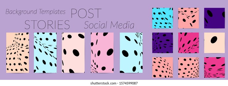Abstract halftone social media template with visual distortion effect. Optical art background. Warped 3D space. Futuristic vector illustration with circles on flat colored background
