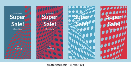 Abstract halftone social media template with visual distortion effect. Optical art background. Warped 3D space. Futuristic vector illustration with circles on flat colored background