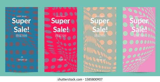 Abstract halftone social media template with visual distortion effect. Optical art background. Warped 3D space. Futuristic vector illustration with circles on flat colored background