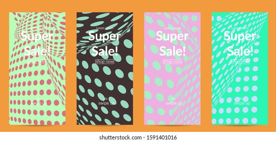 Abstract halftone social media template with visual distortion effect. Optical art background. Warped 3D space. Futuristic vector illustration with circles on flat colored background