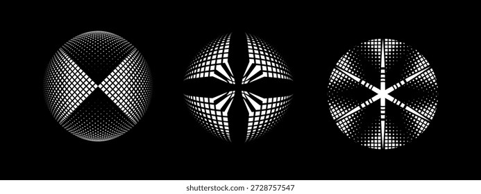 Conjunto de esfera de meio-tom abstrato - grade geométrica futurista e ilustrações de vetor de pontos no plano de fundo preto.