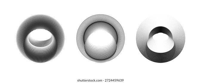 Esfera de meio-tom abstrato e conjunto toro: 3d geométrica pontilhada elementos gráficos circulares.