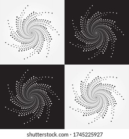Abstract halftone spiral background. Tinny dots and squares concentric backdrop. Spiral halftone design element for multipurpose use.